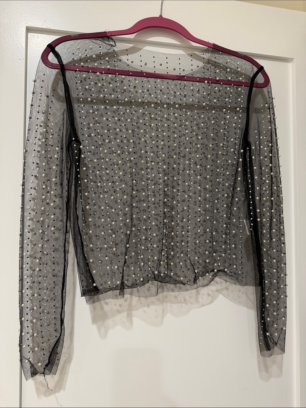 Sheer Black Pearl-Embellished Long-Sleeve Top
